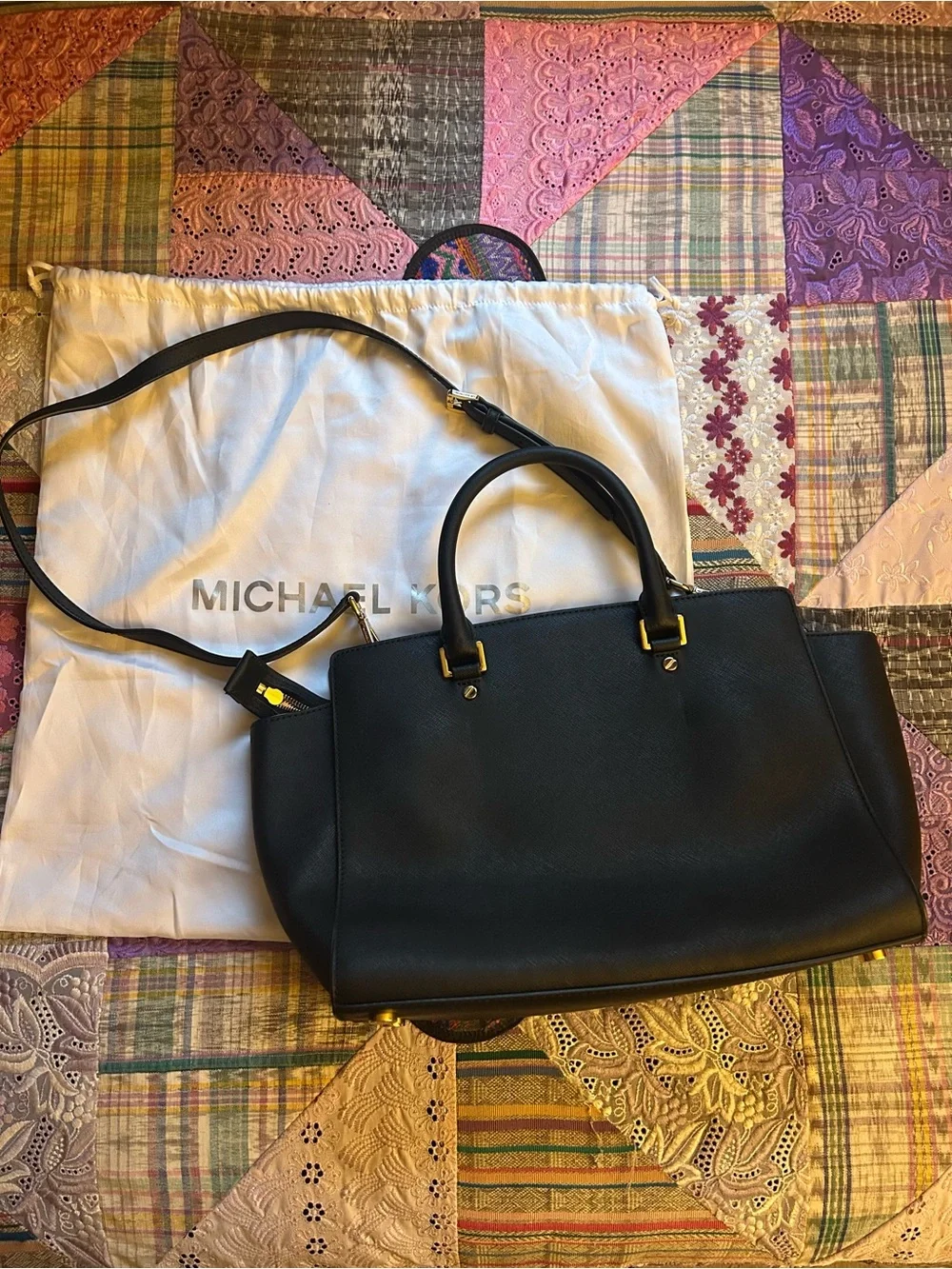 Michael Kors Black Leather Satchel with Gold Hardware